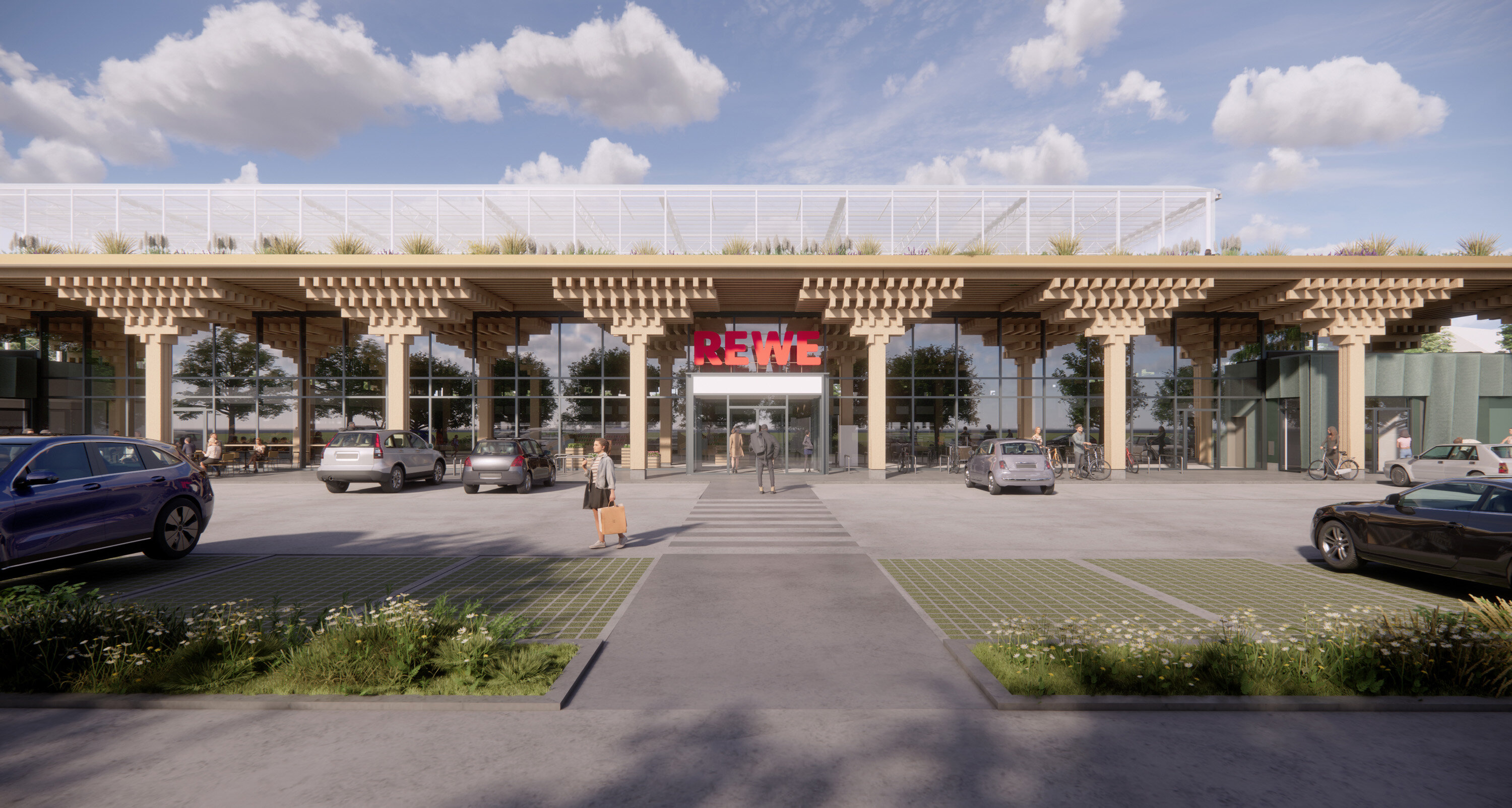 REWE Supermarkt mit viel Holzelementen frontal
