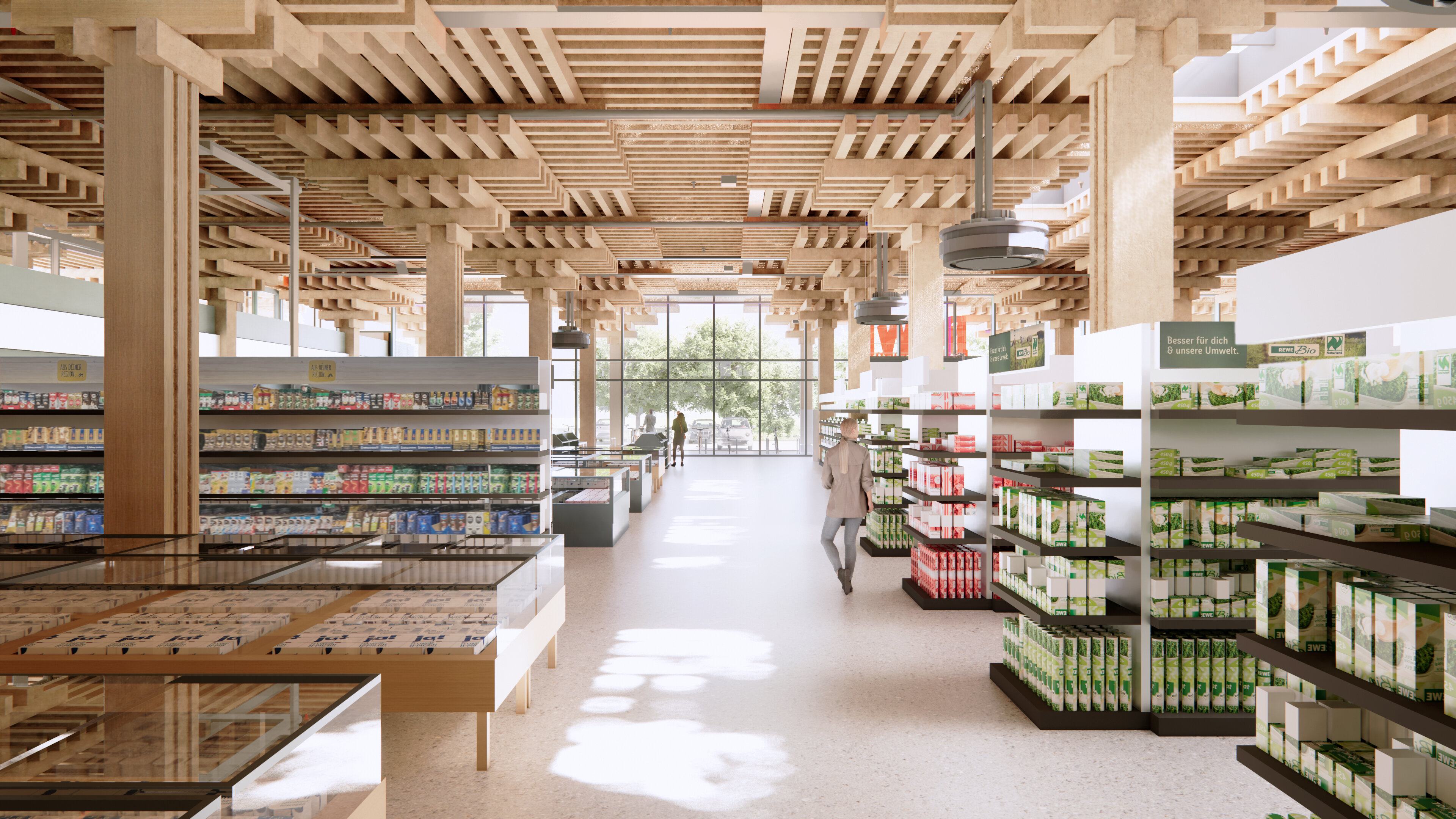 REWE Supermarkt von innen mit vielen Holzelementen