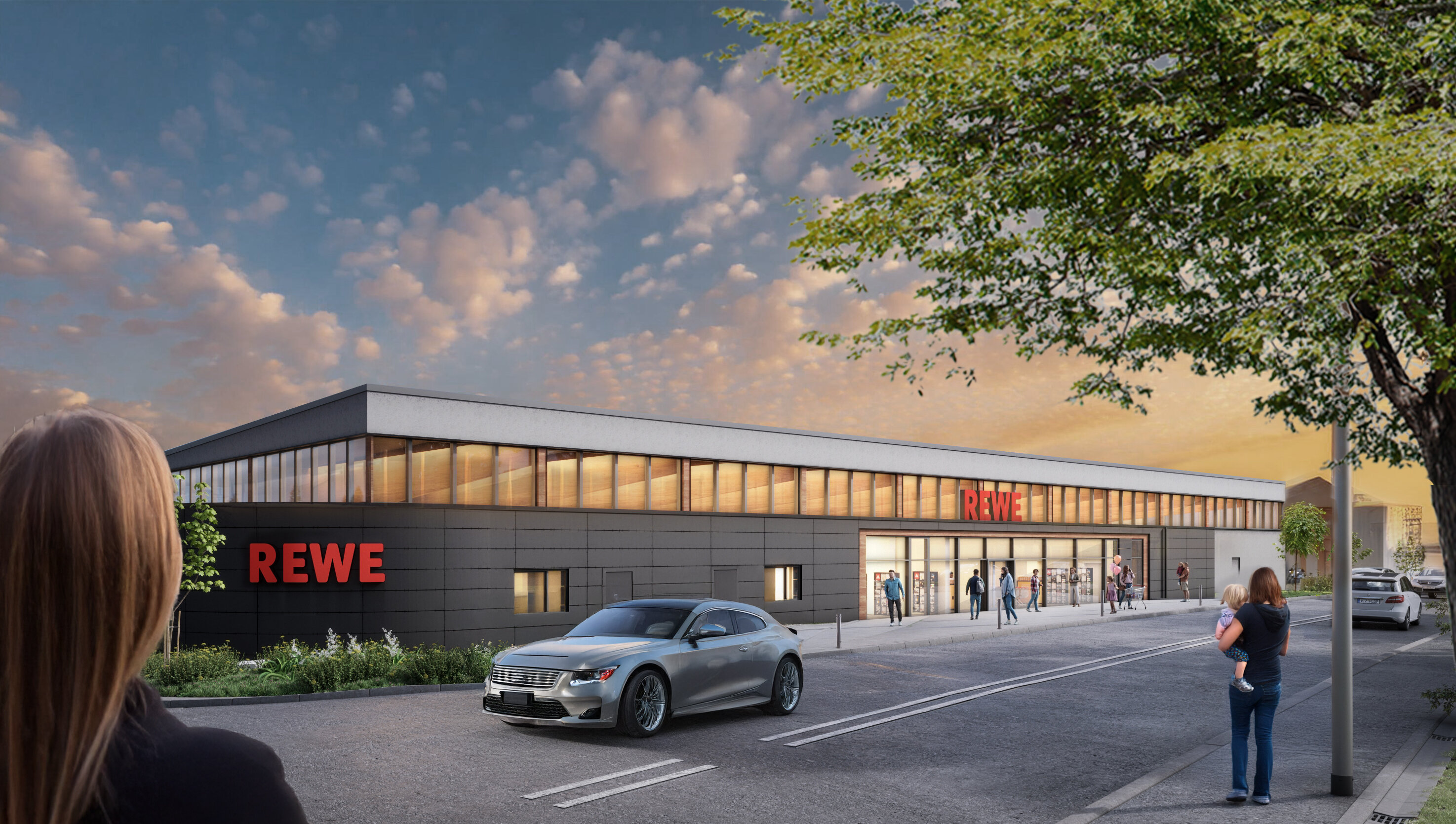 Visualisierung des modernen REWE-Neubaus in Dippoldiswalde. 