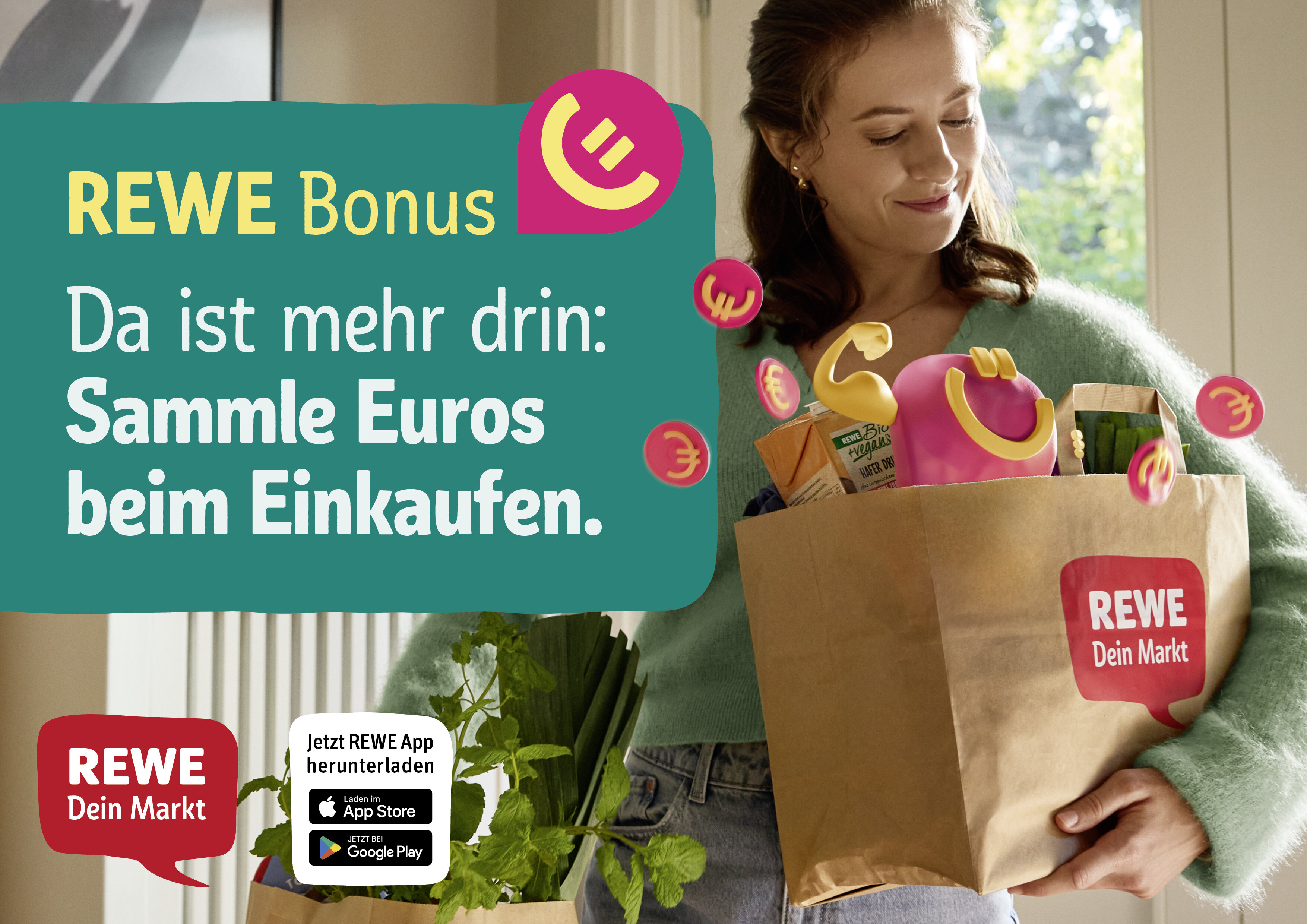 REWE Bonus Motiv mit Frau und REWE TÃ¼te