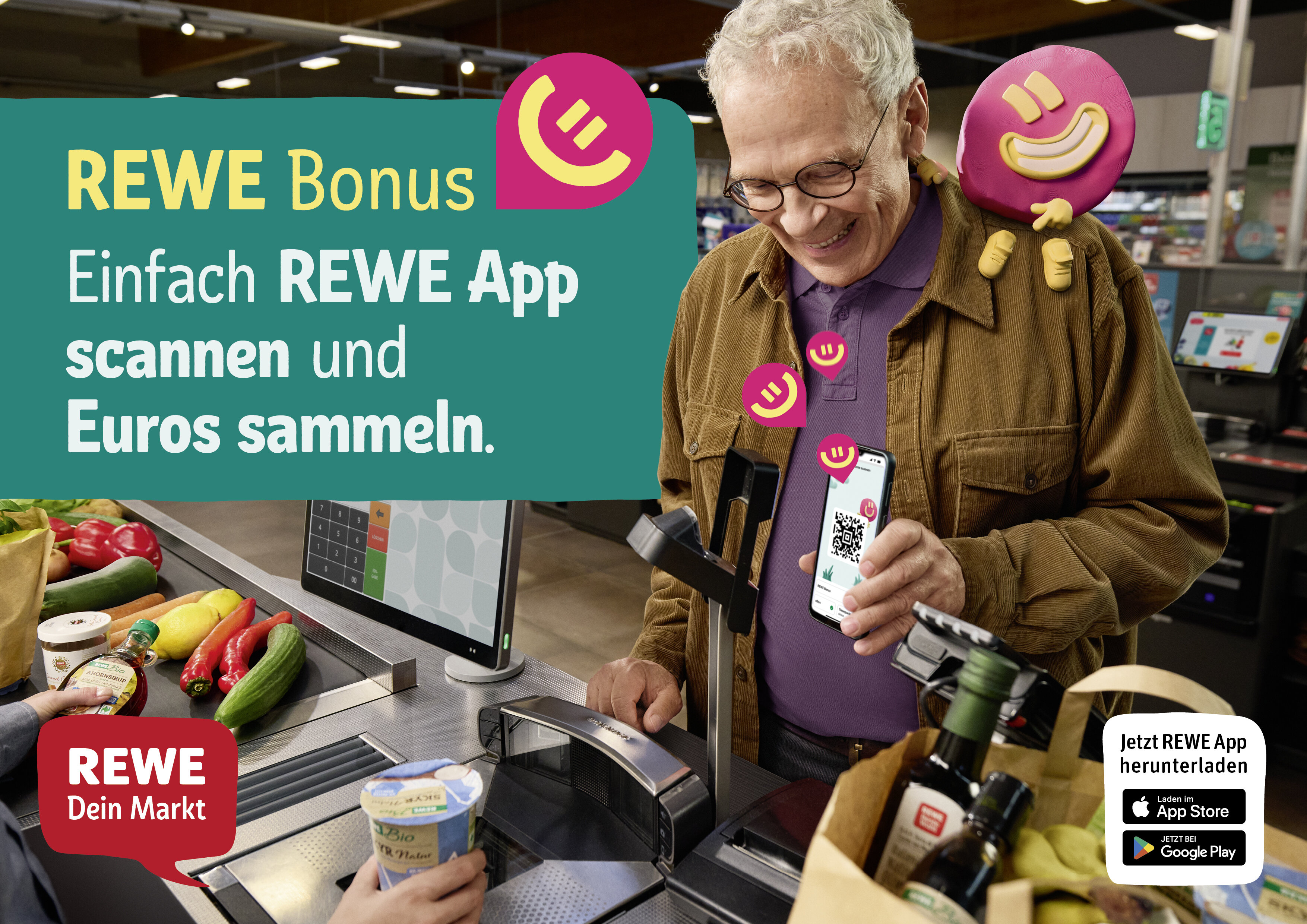 REWE Bonus Motiv mit Mann beim Scannen