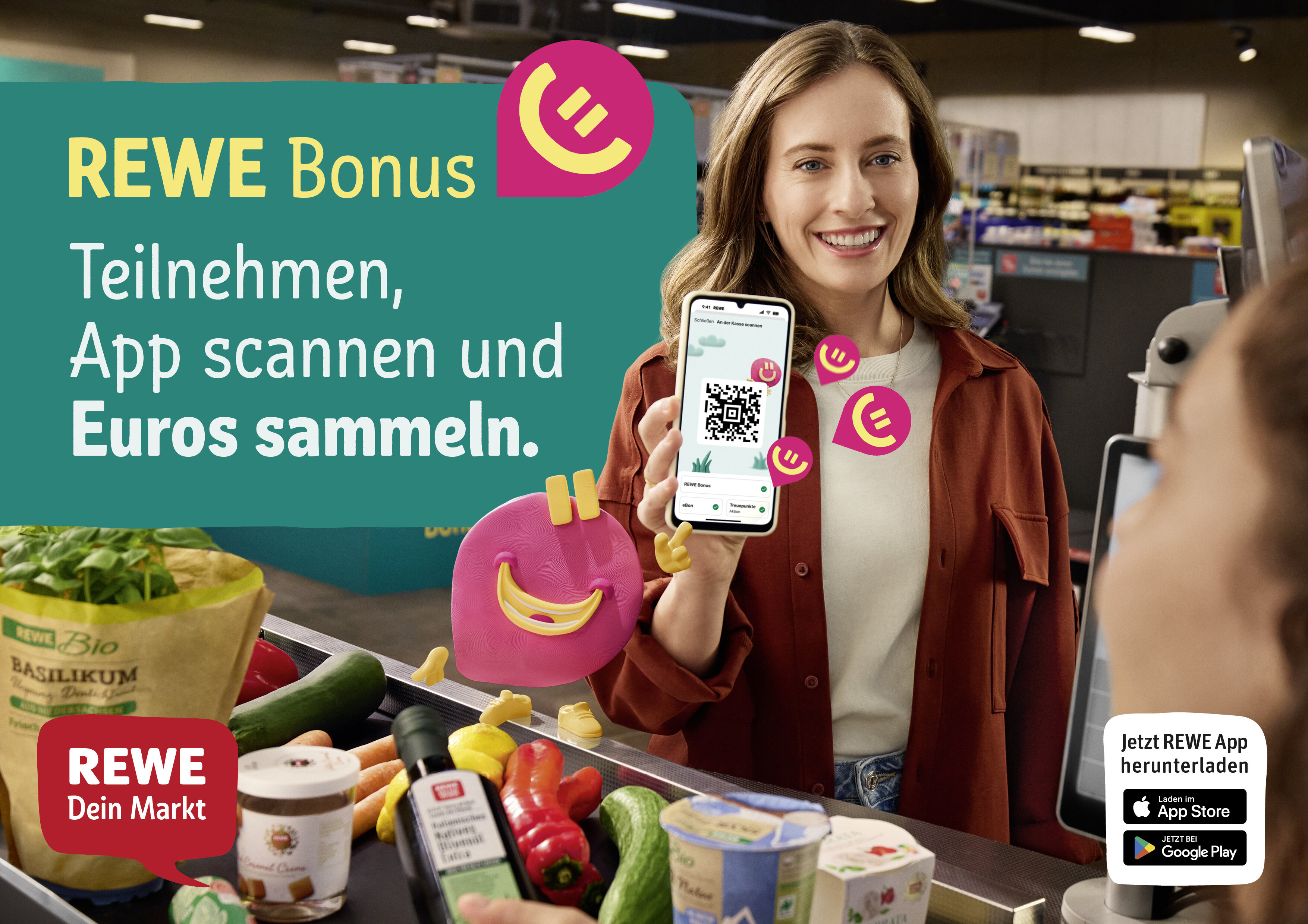 REWE Bonus Motiv mit Frau und Handy